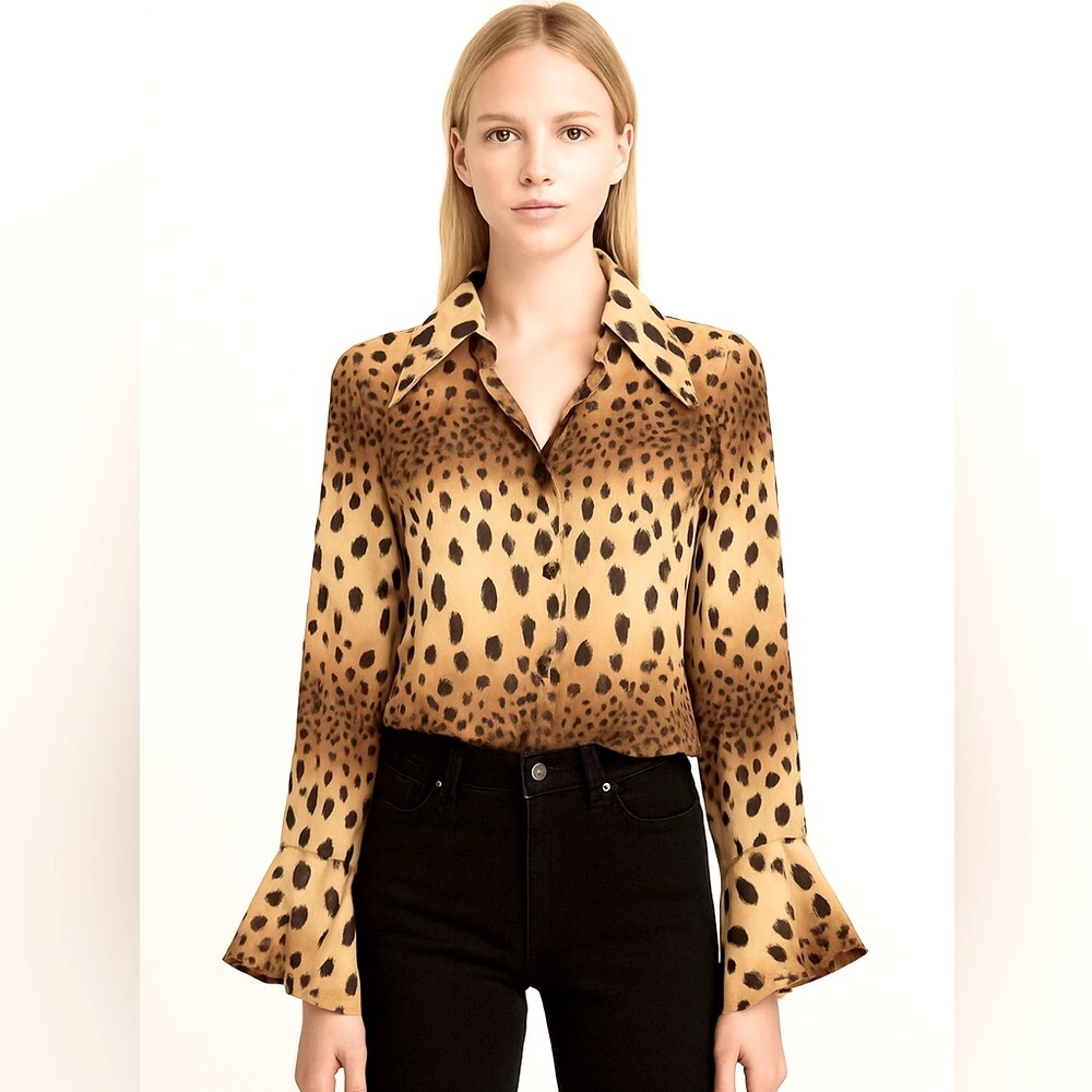 Rare Vintage ROBERTO CAVALLI Sheer Leopard Silk Chiffon Blouse Sequined Trim L - Picture 4 of 8